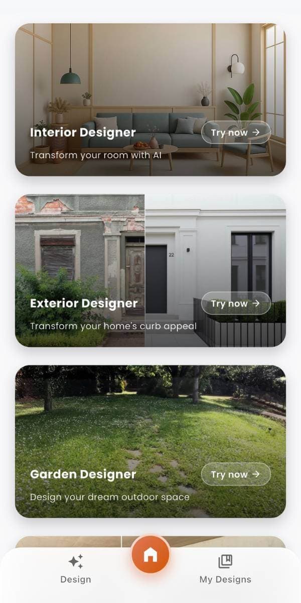 AI Room Design App Preview showing Interior Designer features